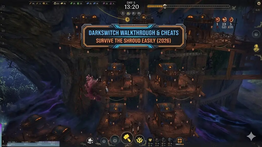 DarkSwitch walkthrough and cheats blog cover with cliffside settlement gameplay background.