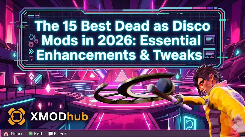 A neon blog header for Dead as Disco featuring the protagonist, mod guide text, and the XMODhub logo in a vibrant futuristic disco setting.