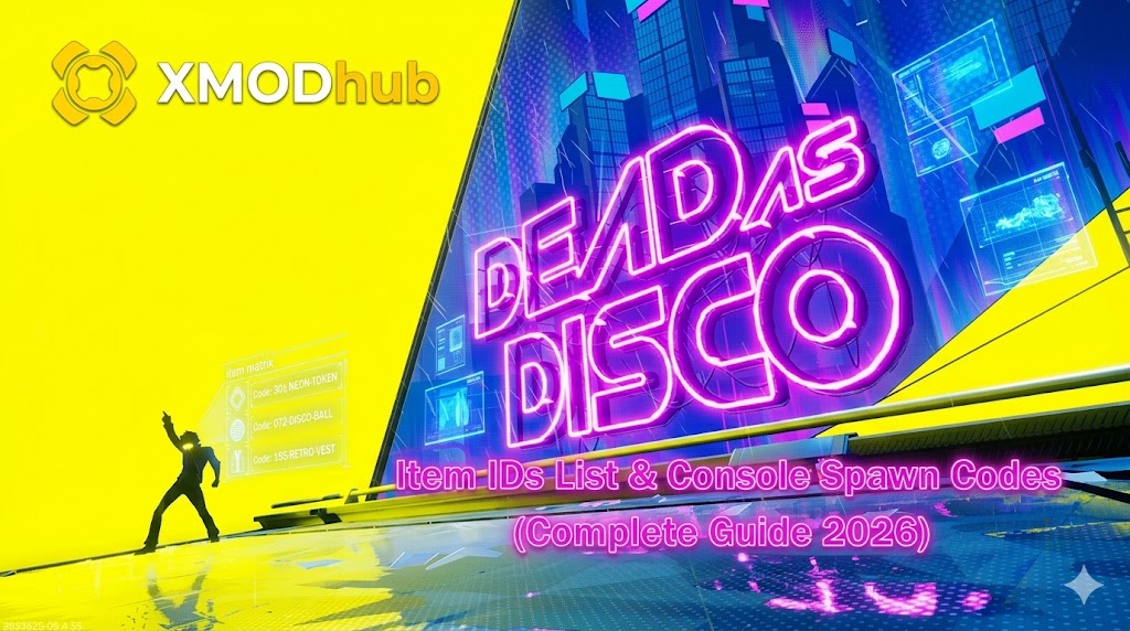 A cyberpunk illustrated guide cover for Dead as Disco, featuring a dancer, arachnid droid, item lists, and spawn codes with XMODhub branding.