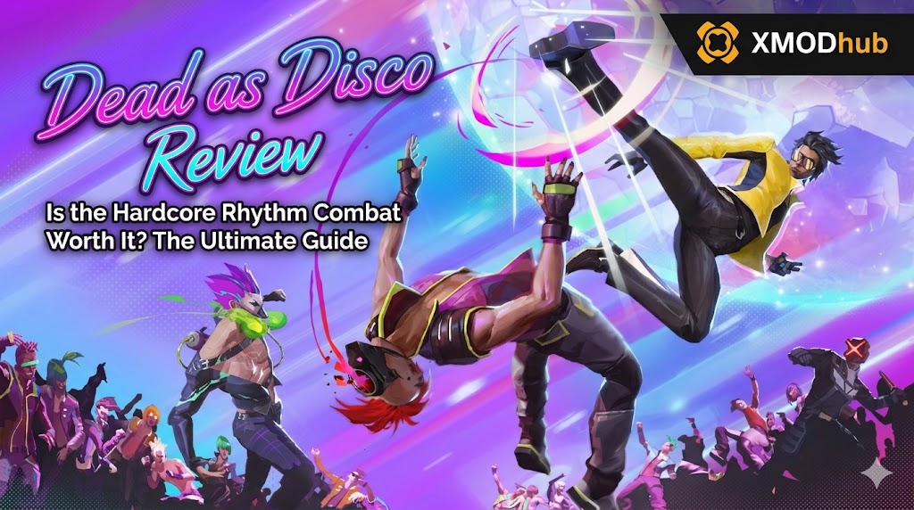 A dynamic combat scene from Dead as Disco featuring a high-kick move in a neon-lit arena with the XMODhub logo and review text.