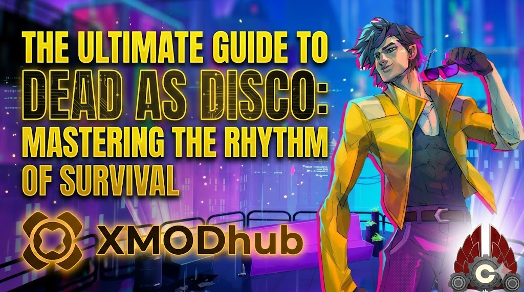 A vibrant cyberpunk blog header for Dead as Disco featuring a character in a yellow jacket against a neon city backdrop with XMODhub branding.