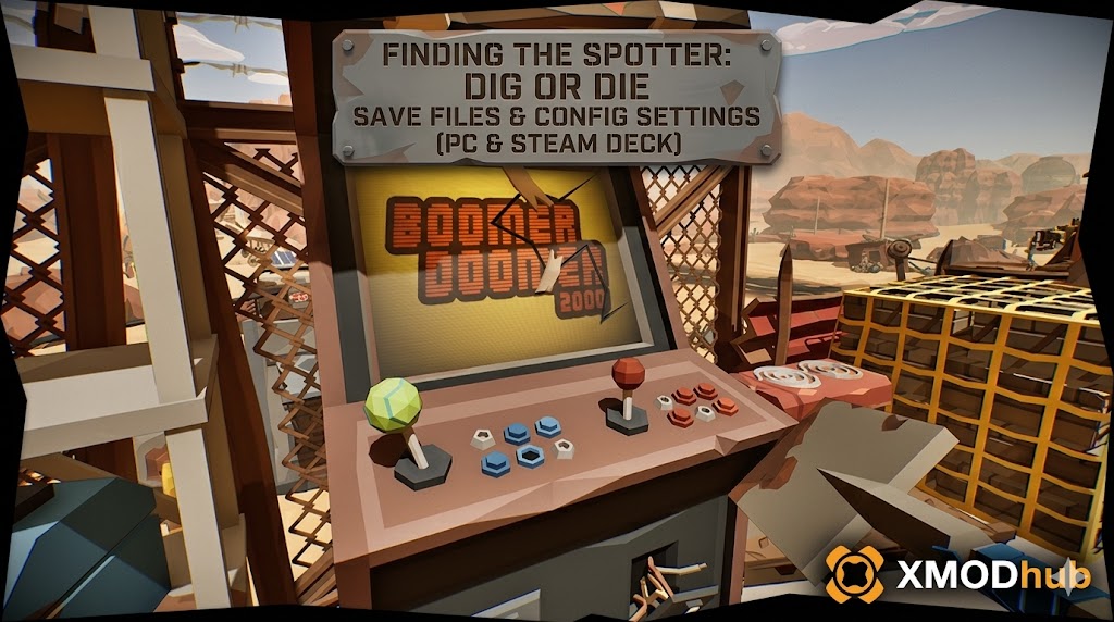 Пустынный аванпост в стиле low-poly с аркадным автоматом и деревянной вывеской с заголовком руководства по файлам сохранения Dig or Die, с логотипом XMODhub в правом нижнем углу.