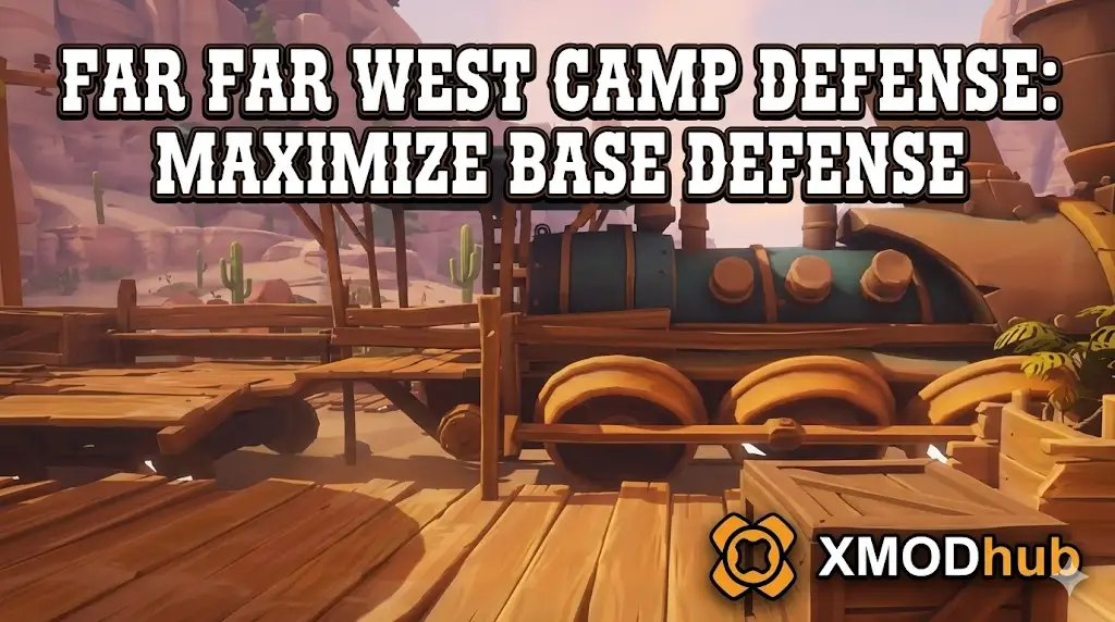A stylized Western base building scene in Far Far West featuring a wooden fortress and steam engine in a desert setting with the XMODhub official logo.