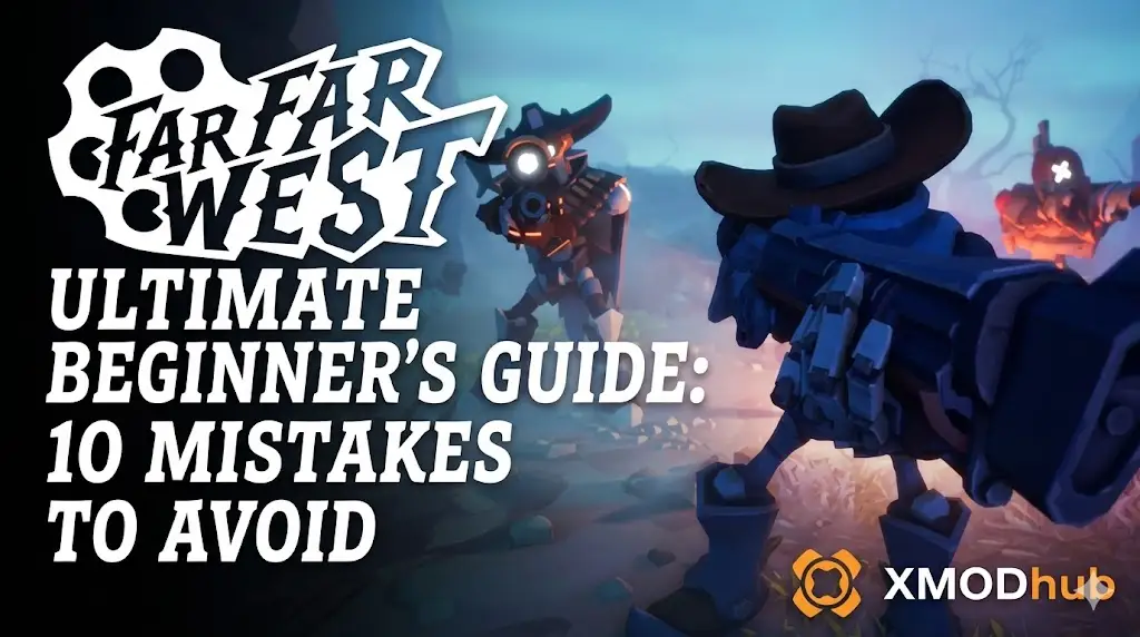 Robotic cowboy in a stylized desert duel featuring the Far Far West logo, guide title, and XMODhub branding for an SEO blog header.