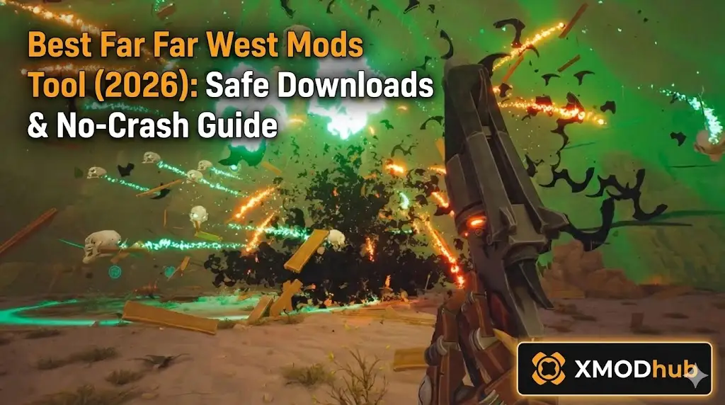 First-person view of high-octane combat in Far Far West featuring a stylized revolver and explosive green energy skulls in a desert landscape.