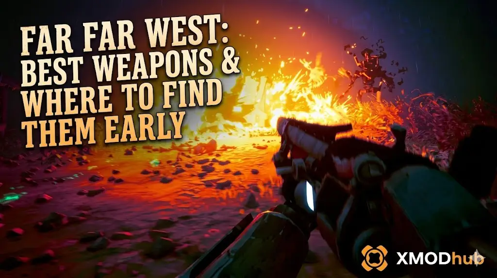 A robotic cowboy's hand in a dark canyon environment holds a glowing multi-barrel revolver with dynamic text overlay for 'FAR FAR WEST: BEST WEAPONS...' and XMODhub logo.