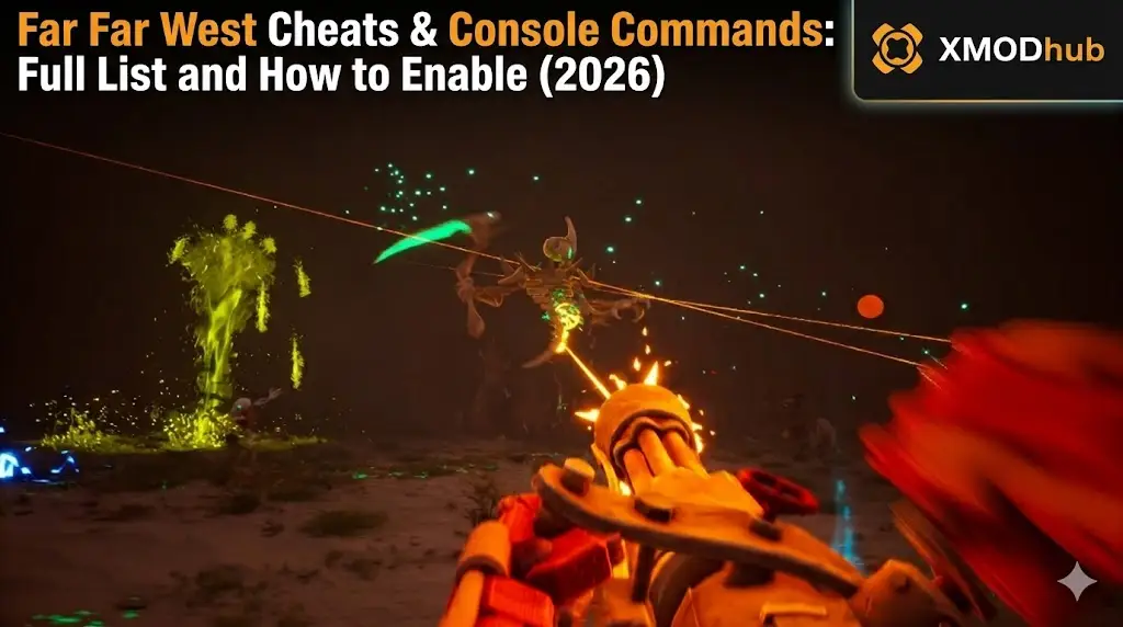 First-person perspective header image for a Far Far West cheats guide, showing intense combat with a gatling gun against alien creatures and a green energy pillar.