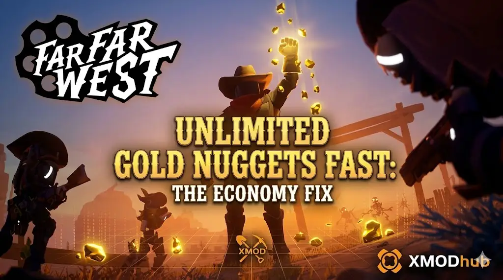 A post-apocalyptic western wasteland scene with four silhouetted characters facing a large golden glowing object, featuring the "FAR FAR WEST" logo, an optimized title for an economy fix guide, and the XMODhub logo.