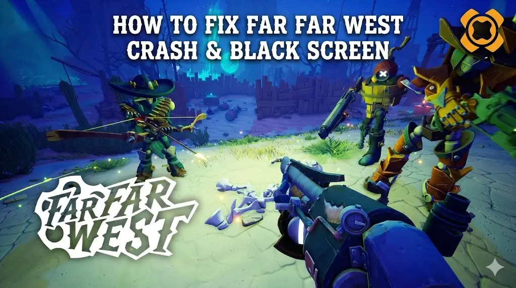 Action-packed scene from Far Far West featuring robotic cowboys, the XMODhub logo, and a troubleshooting guide for fixing game crashes and black screen errors.