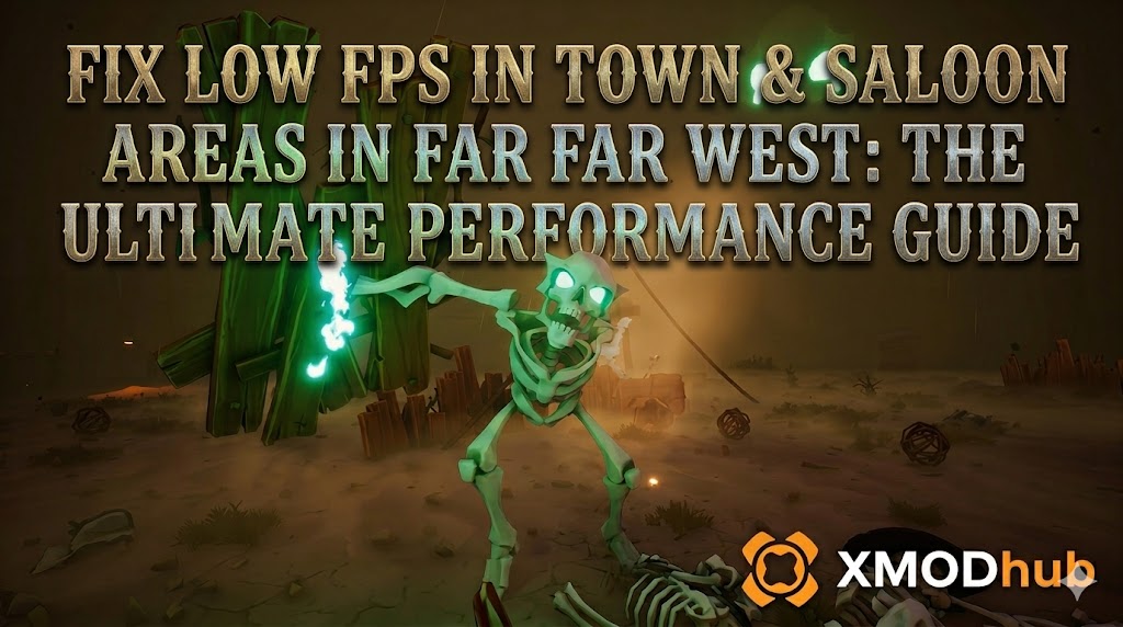 A performance guide header for Far Far West featuring a glowing skeleton in a desert setting with the XMODhub logo and optimization title.
