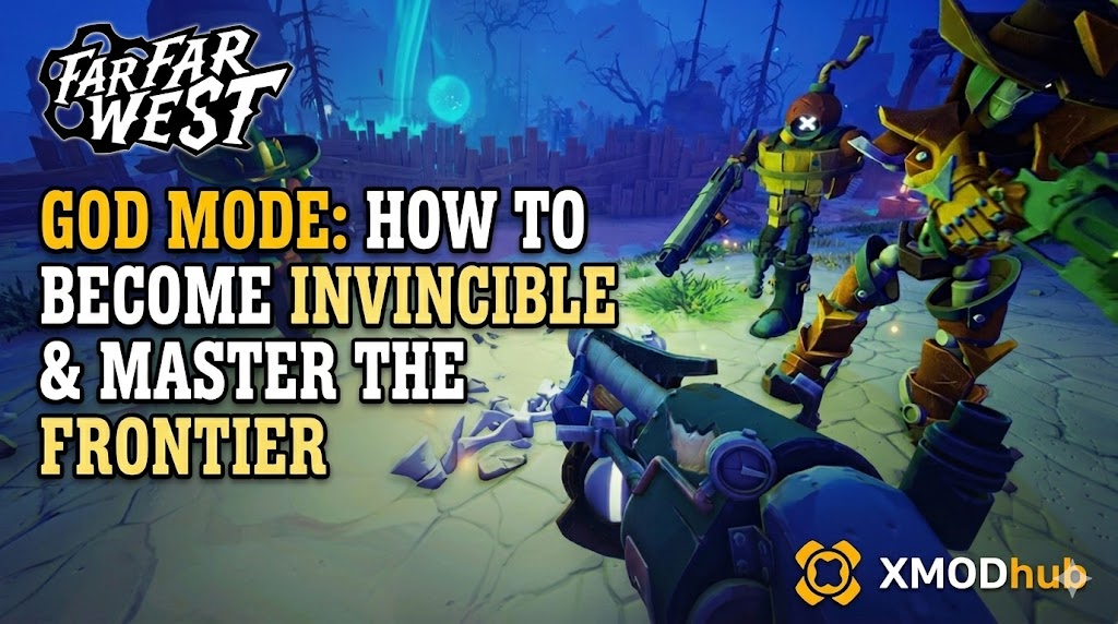 First-person perspective of robotic cowboys in Far Far West with 'God Mode' guide text and the XMODhub logo in a desert at night.