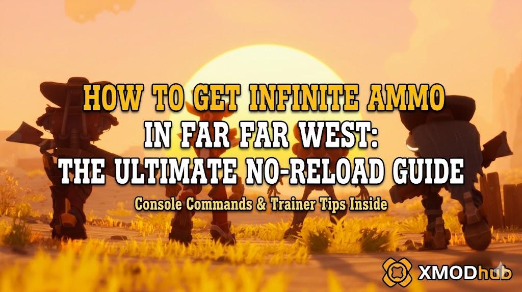 Silhouettes of four robotic cowboys walking toward a massive desert sunset in Far Far West for an infinite ammo guide with XMODhub branding.