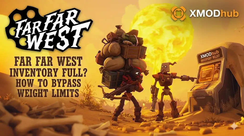 Far Far West characters in a desert wasteland near an XMODhub terminal, illustrating a guide on how to bypass inventory weight limits.