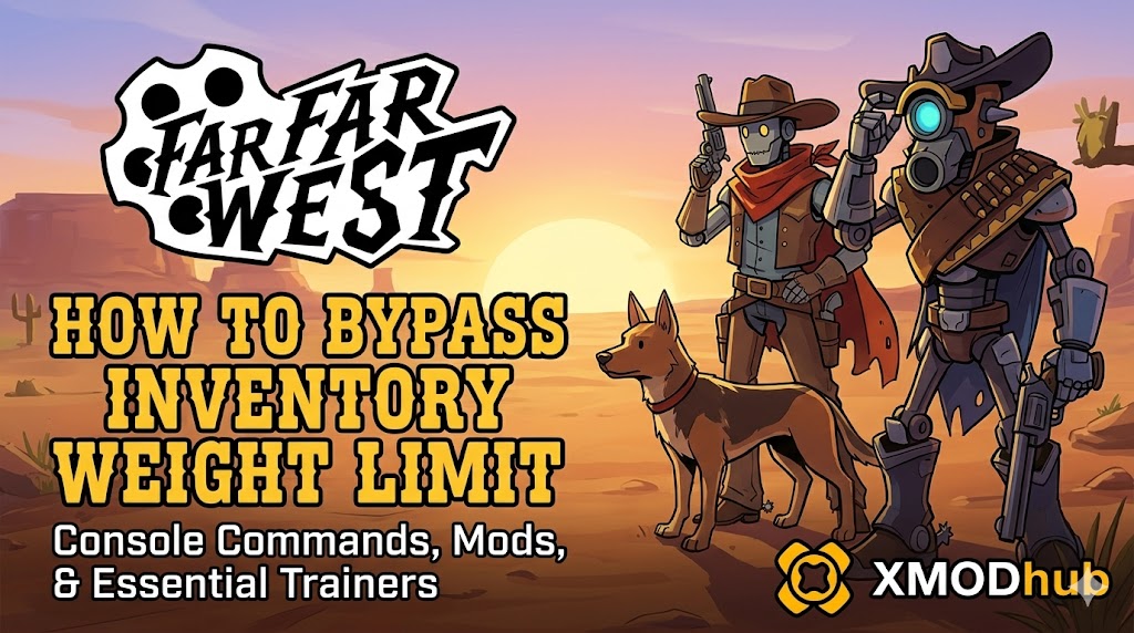An infographic banner for 'Far Far West' titled 'How to Bypass Inventory Weight Limit,' mentioning console commands, mods, and trainers, with the XMODhub logo.