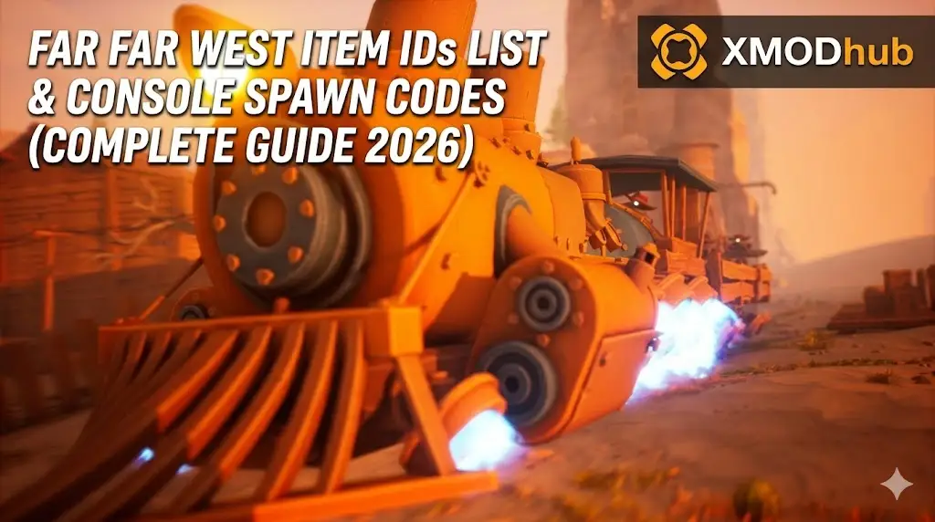 A stylized orange steam locomotive with glowing blue thrusters speeds through a desert landscape at sunset in Far Far West.