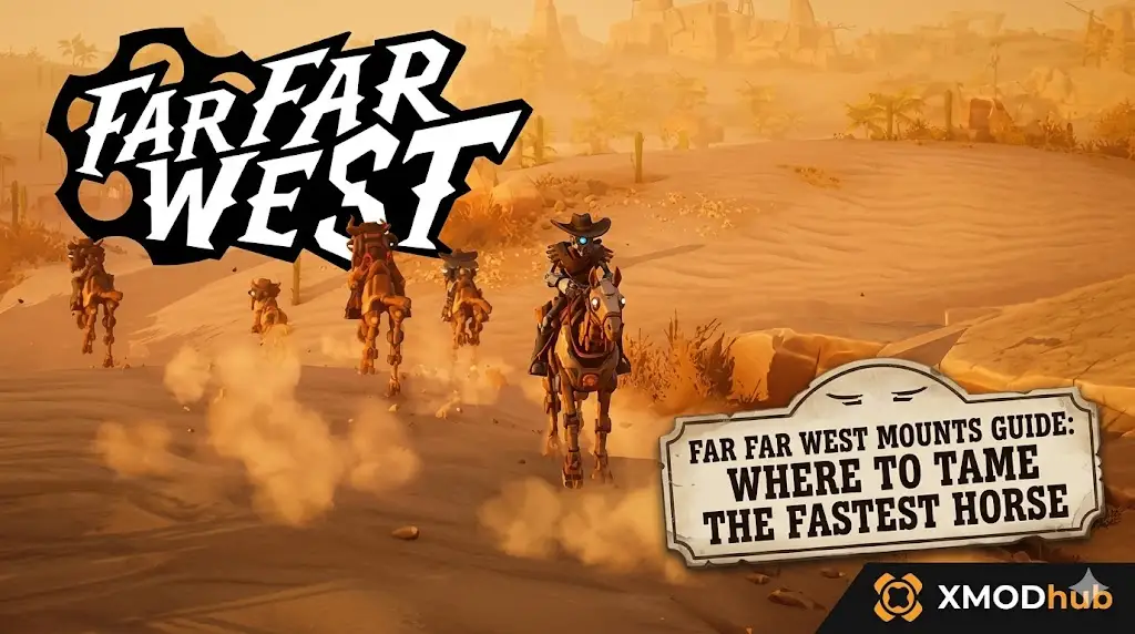 A robotic cowboy rides a mechanical horse across a desert canyon, with the game title and an article text block for a mount guide.