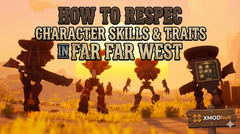 Four robot outlaws stand in a sun-drenched desert with stylized text explaining how to respec skills and traits in Far Far West, featuring the XMODhub logo.