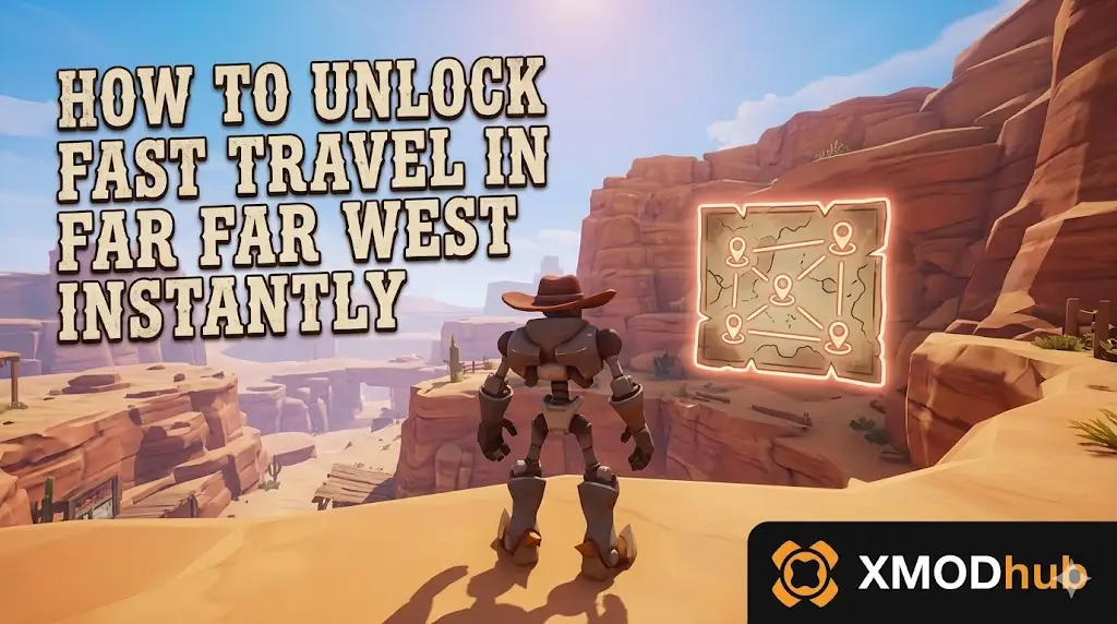 A robotic cowboy stands on a cliff overlooking a canyon, facing a glowing fast travel map with the article title and XMODhub logo. 