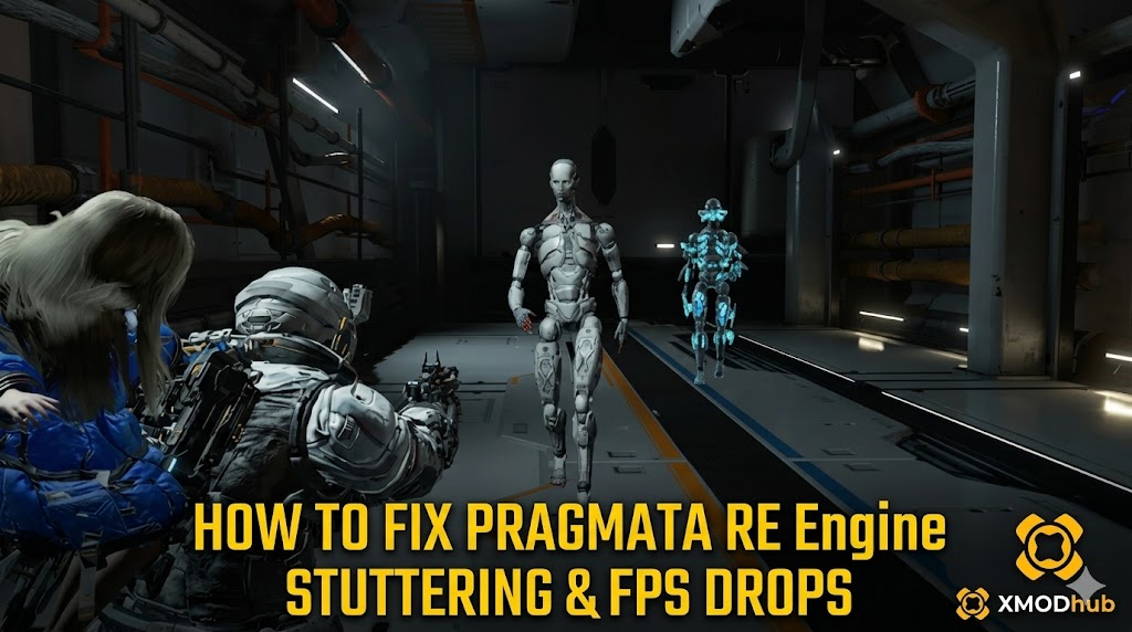 A cinematic SEO banner for PRAGMATA featuring sci-fi characters and a guide title for fixing RE Engine performance issues alongside the XMODhub logo.