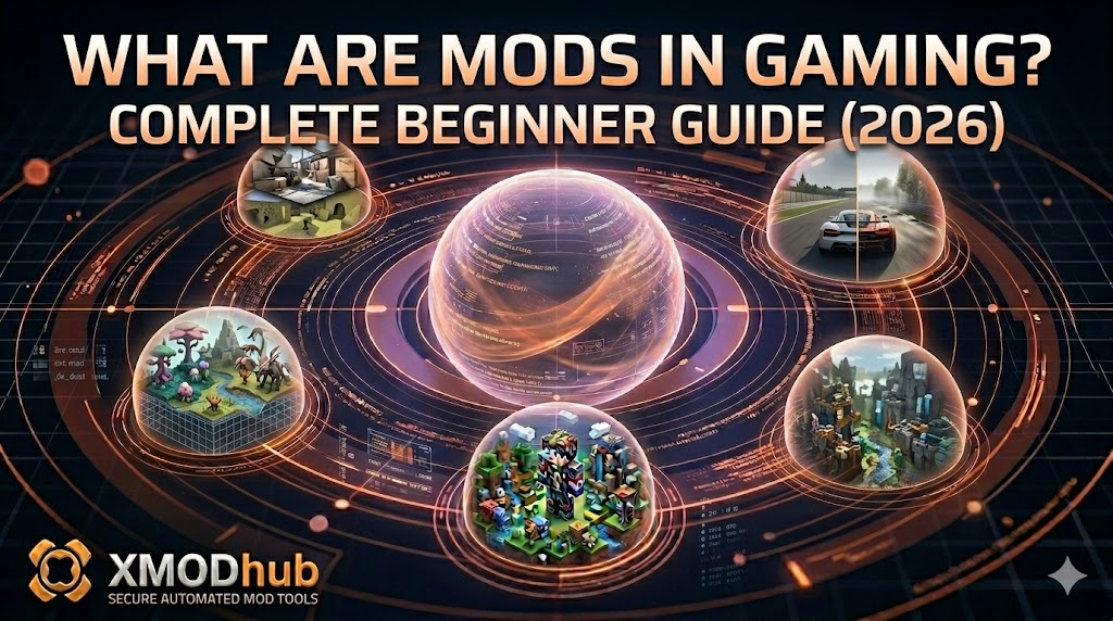 Futuristic digital interface featuring a central blog title and glass spheres showcasing modded scenes from Skyrim, Counter-Strike, and racing games with the XMODhub logo.