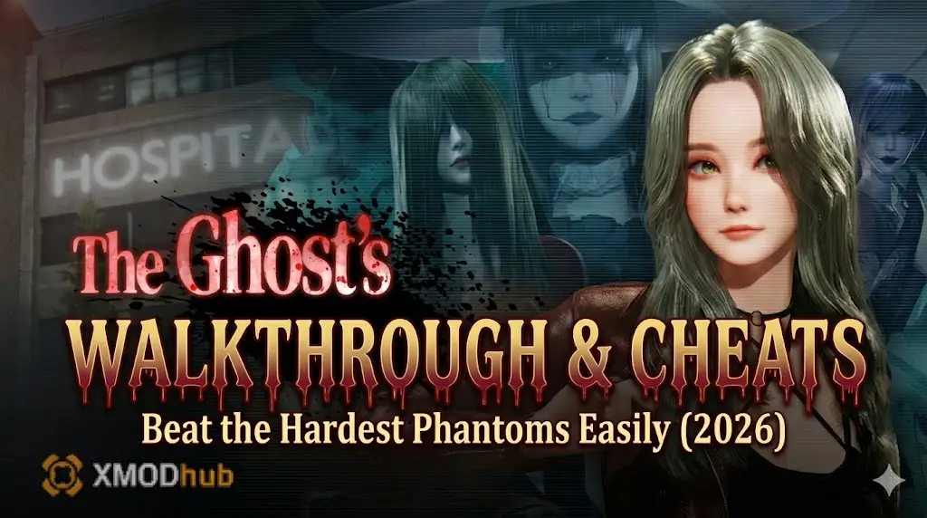 The Ghost's Intimate Cure walkthrough and cheats guide header with XMODhub logo.