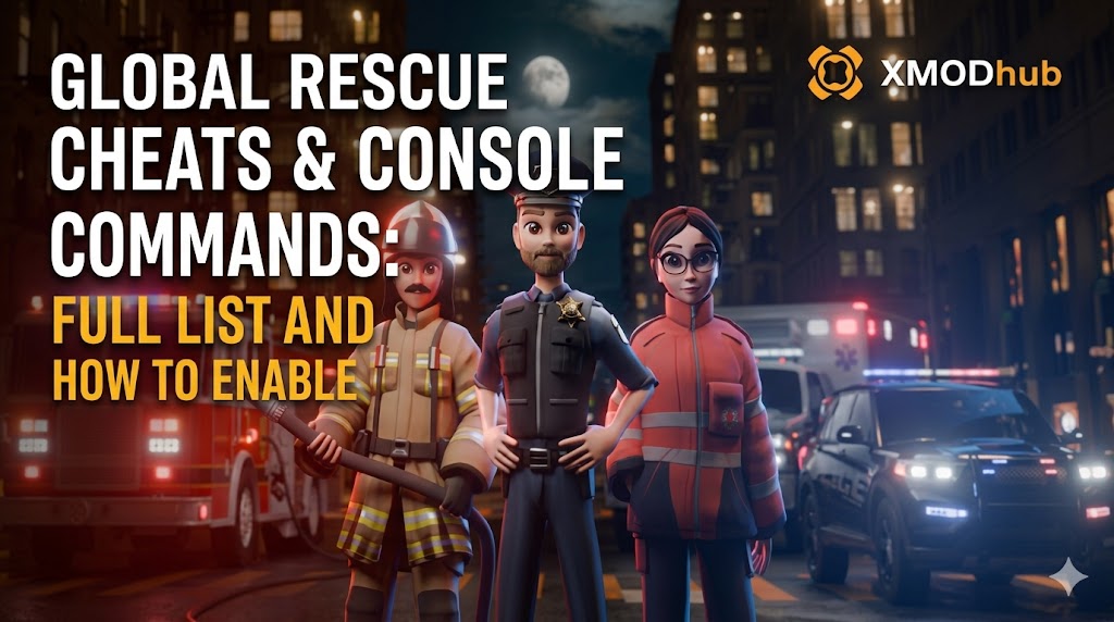 Global Rescue blog banner featuring emergency responders in a nighttime city scene with the 15 best mods title and XMODhub branding.
