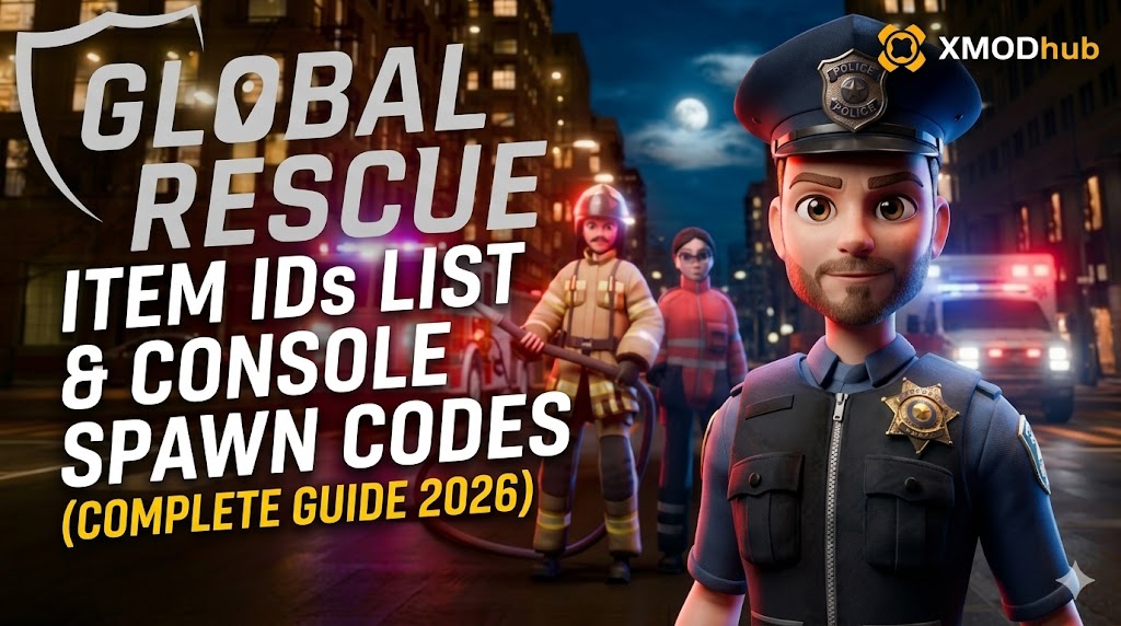 A blog post featured image for Global Rescue, featuring stylized emergency responders and vehicles in a city at night, with the complete item ID list title and XMODhub logo.