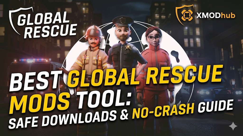 A stylized game banner for Global Rescue with three emergency responders, featuring text about the best mods tool, safe downloads, and no-crash guide.