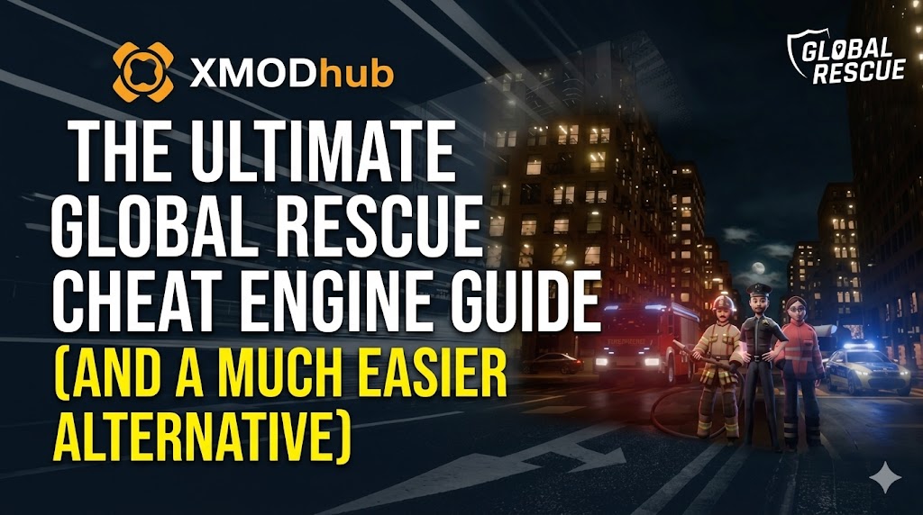 A Global Rescue blog banner featuring emergency responders in a nighttime city scene with XMODhub branding and the ultimate cheat engine guide title.