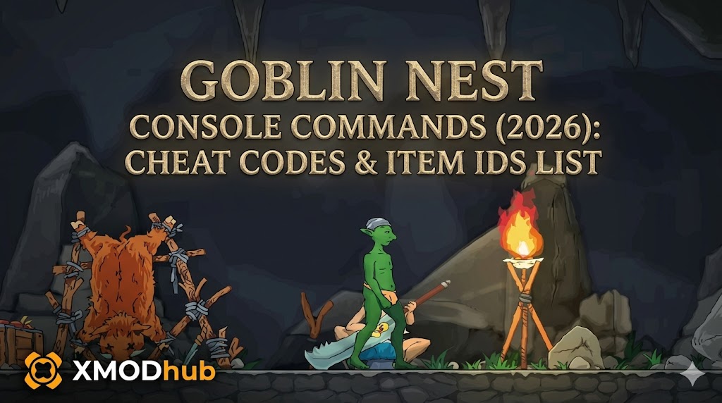 Blog header for Goblin Nest console commands guide, showing a green goblin in a cave with the XMODhub logo.