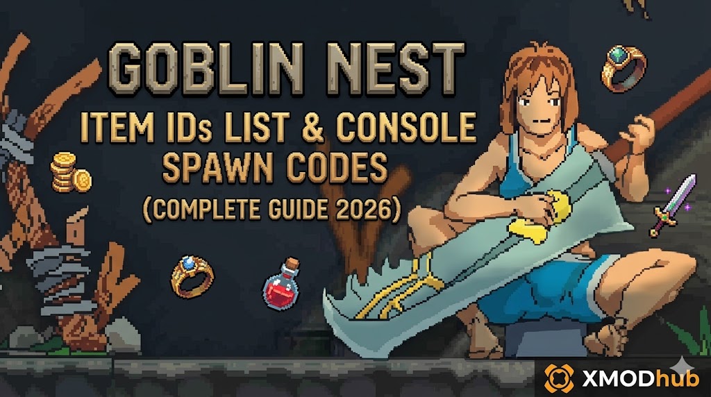 Пиксель-арт сцена для руководства по игре Goblin Nest, текст для ID предметов и консольных кодов спавна.