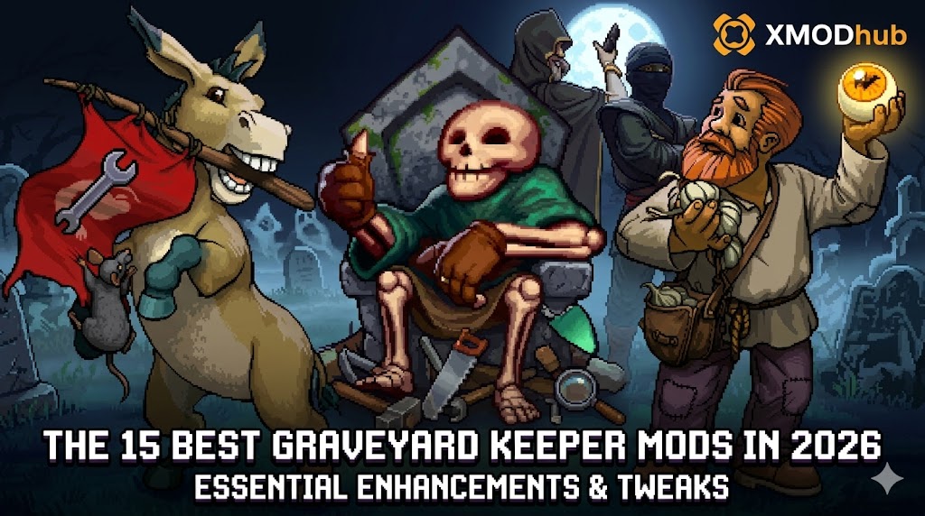 Illustrated scene in a moonlit cemetery featuring a donkey with a wrench flag, a skeleton on a tool pile, and other characters, with text "THE 15 BEST GRAVEYARD KEEPER MODS IN 2026".