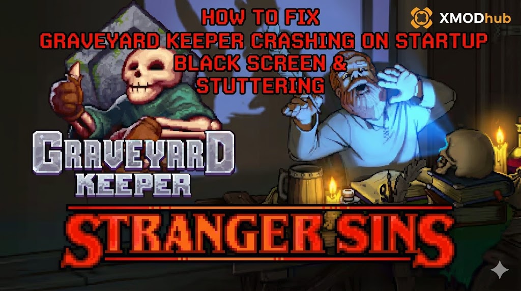 A blog post title image for fixing Graveyard Keeper crashing and other startup problems, with pixel art characters Gerry the skeleton and the terrified Keeper.