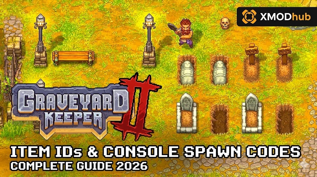 Pixel art blog header for Graveyard Keeper featuring the game character in a cemetery with item ID guide text and the XMODhub logo.
