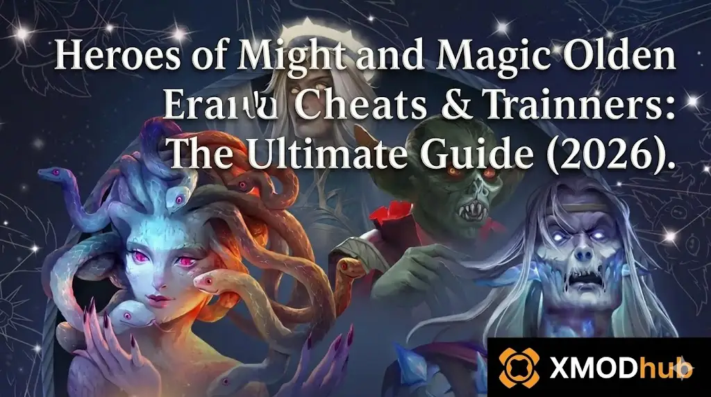 Blog post header image for "Heroes of Might and Magic: Olden Era" cheats and trainers guide, showing a group of four distinct character portraits.