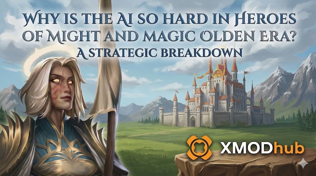 XMODhub blog header analyzing AI difficulty in Heroes of Might and Magic Olden Era, featuring a scarred Temple hero standing before a grand white castle.