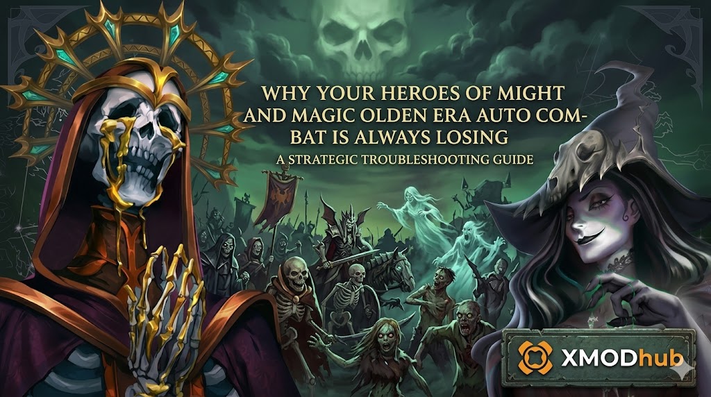 Заголовок руководства XMODhub, объясняющий поражения в автобое в Heroes of Might and Magic: Olden Era, с изображением героев фракции Некрополь и армии нежити.