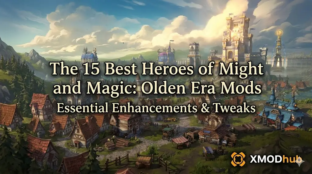 Detailed fantasy map from Heroes of Might and Magic: Olden Era featuring large central text for a "15 Best Mods" guide and the XMODhub logo.