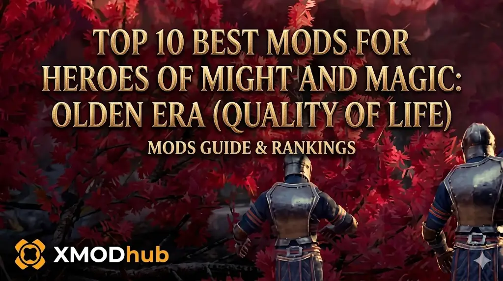 Two knights overlook a crimson forest in Heroes of Might and Magic: Olden Era, featuring the best QoL mods guide title and XMODhub logo.
