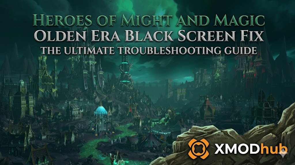 Заголовок руководства XMODhub по исправлению проблемы черного экрана в Heroes of Might and Magic: Olden Era, с изображением темного городского пейзажа в стиле Некрополя из игры.