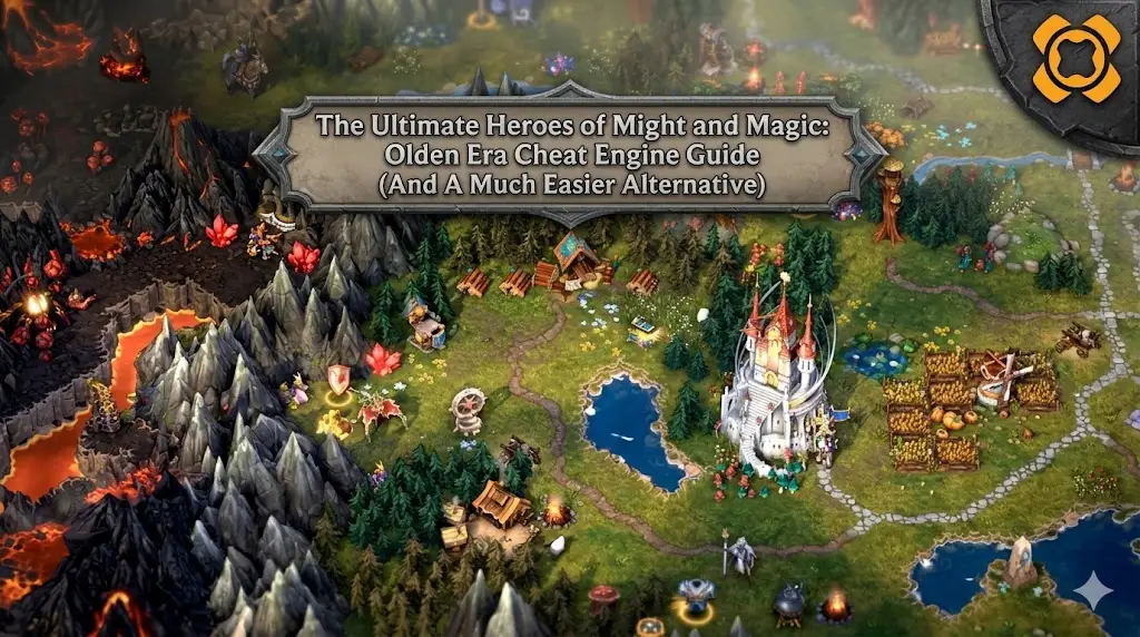 A vibrant fantasy landscape from Heroes of Might and Magic: Olden Era featuring a central castle and guide title banner with the XMODhub logo.