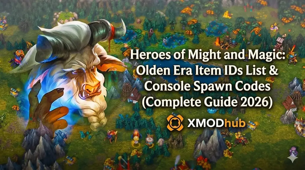Heroes of Might and Magic: Olden Era guide header showing a minotaur over a fantasy game map with the XMODhub logo and item IDs title.