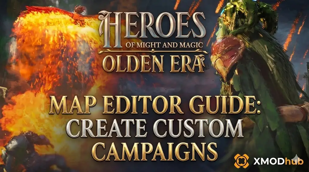 Изображение заголовка блога для руководства по редактору карт для Heroes of Might and Magic: Olden Era, с изображением существа, похожего на феникса, фигуры в плаще и логотипа XMODhub.