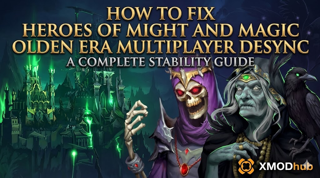 Персонажи фракции Некрополь, иллюстрирующие руководство по стабильности и устранению рассинхронизации мультиплеера в Heroes of Might and Magic Olden Era, с логотипом XMODhub.