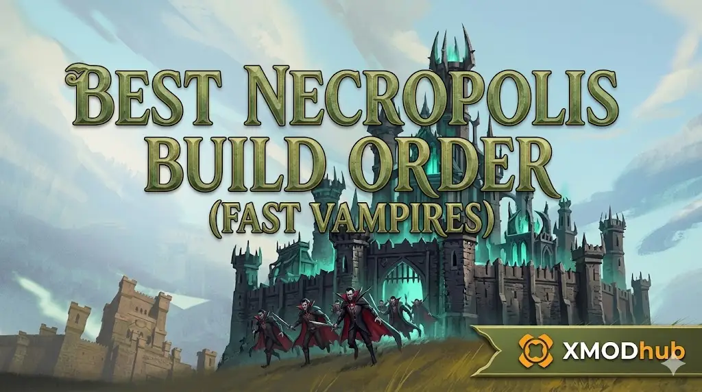 A fantasy blog header in the Heroes of Might and Magic: Olden Era style, showing a Necropolis castle, Vampires, and guide title text with the XMODhub logo.