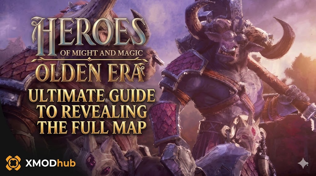 Minotaur warriors from Heroes of Might and Magic Olden Era flanking a guide title for revealing the full map, featuring the XMODhub logo.