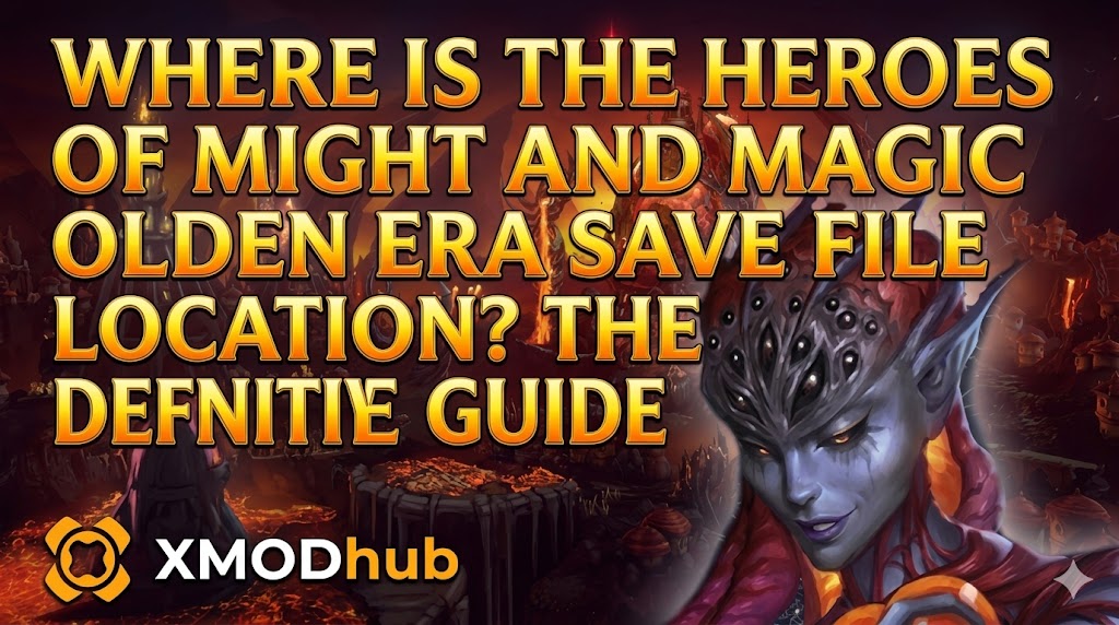 Многоглазая фигура инопланетянина Улья и текст заголовка для руководства по расположению файлов сохранений Heroes of Might and Magic Olden Era с логотипом XMODhub в темной пещере.