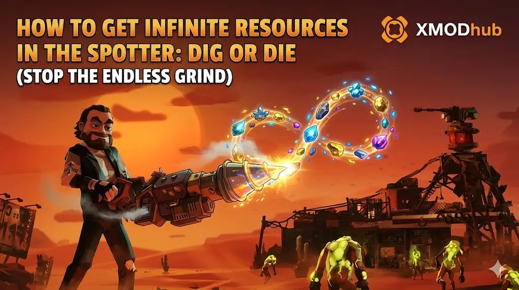 A graphic for an XMODhub guide on how to get infinite resources in The Spotter: Dig or Die, featuring a character producing infinite resource energy in a wasteland.
