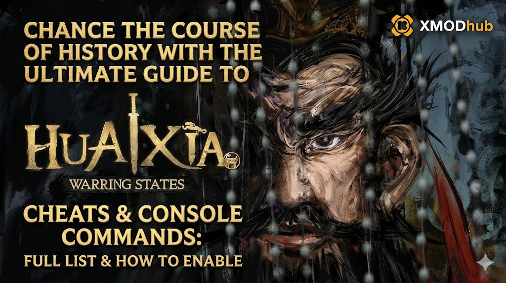 A blog banner for Huaxia: Warring States with golden text for a cheat engine guide, a female warrior, and XMODhub branding.