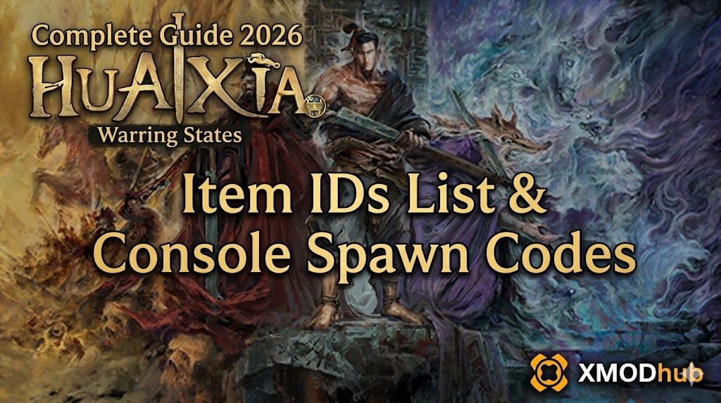 A blog banner for Huaxia: Warring States with golden text for an item ID and console code guide, a female warrior, and XMODhub branding.